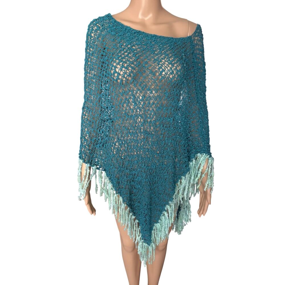 Upcycled Crochet Poncho Fringe Sheer Beach Cover Up Festival Boho OS Turquoise